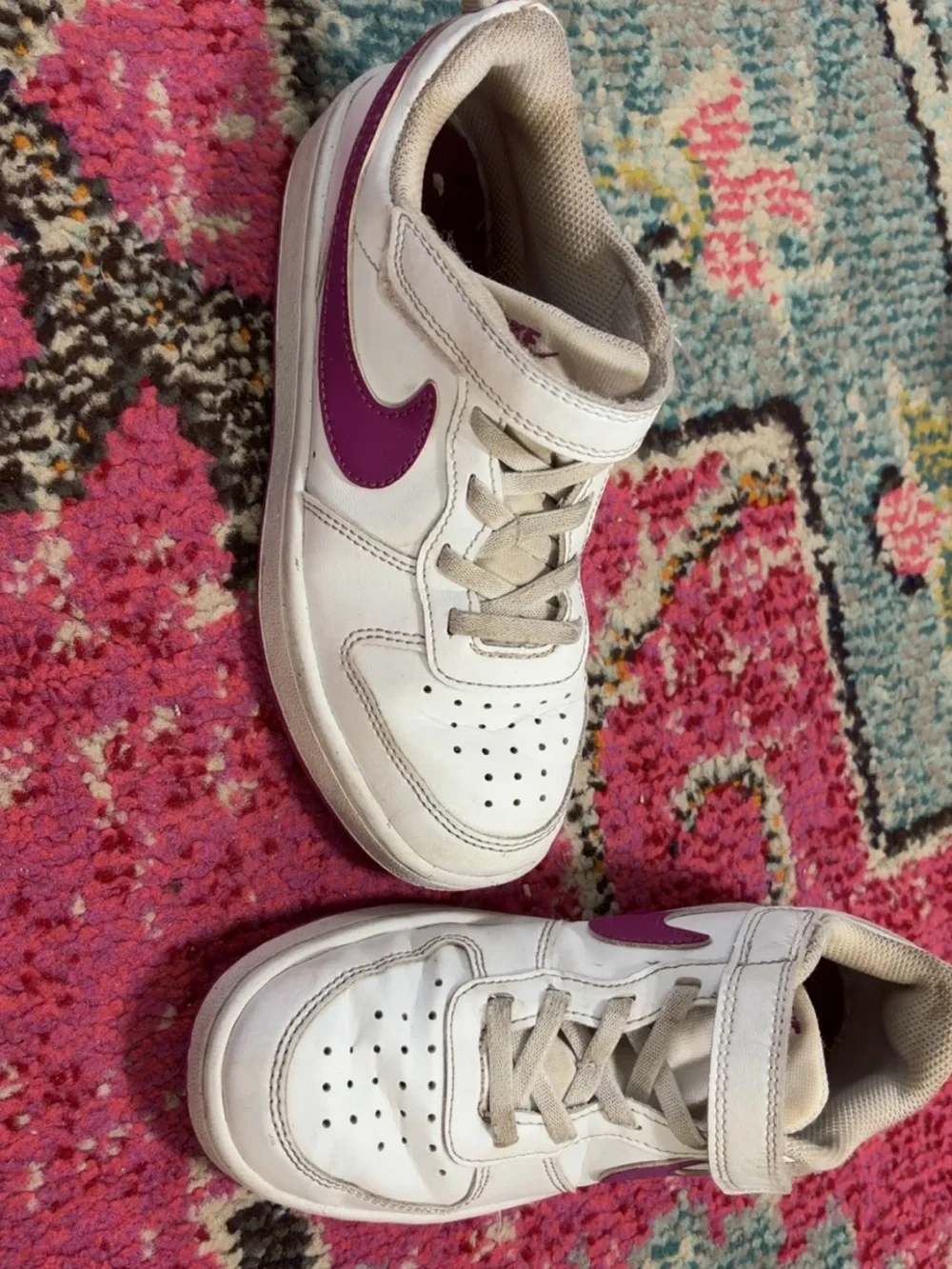 Nike Kids White Sneakers with Purple Swoosh